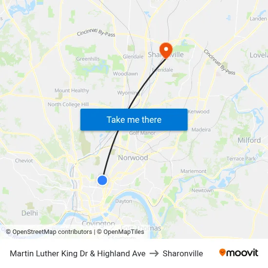 Martin Luther King Dr & Highland Ave to Sharonville map