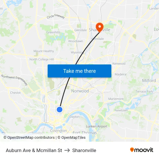 Auburn Ave & Mcmillan St to Sharonville map