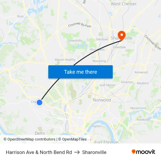 Harrison Ave & North Bend Rd to Sharonville map