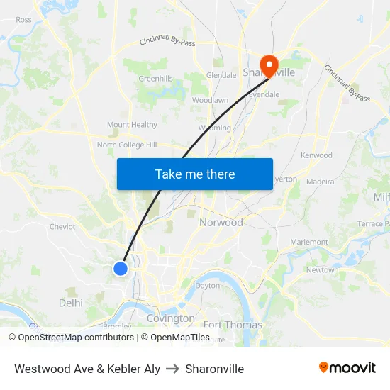 Westwood Ave & Kebler Aly to Sharonville map