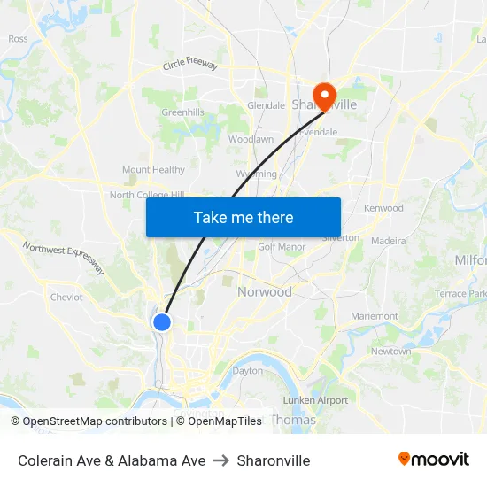 Colerain Ave & Alabama Ave to Sharonville map