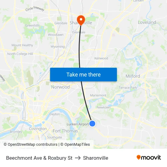 Beechmont Ave & Roxbury St to Sharonville map