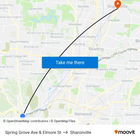 Spring Grove Ave & Elmore St to Sharonville map