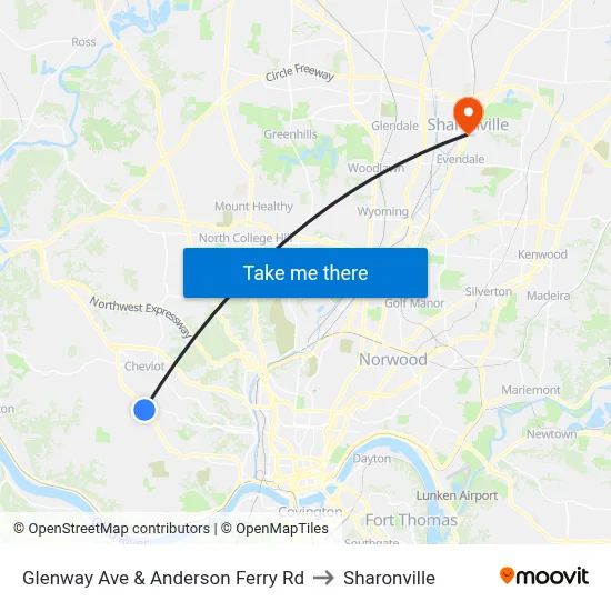 Glenway Ave & Anderson Ferry Rd to Sharonville map