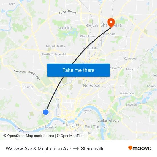 Warsaw Ave & Mcpherson Ave to Sharonville map