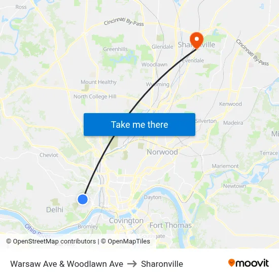 Warsaw Ave & Woodlawn Ave to Sharonville map