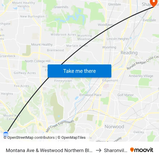 Montana Ave & Westwood Northern Blvd to Sharonville map