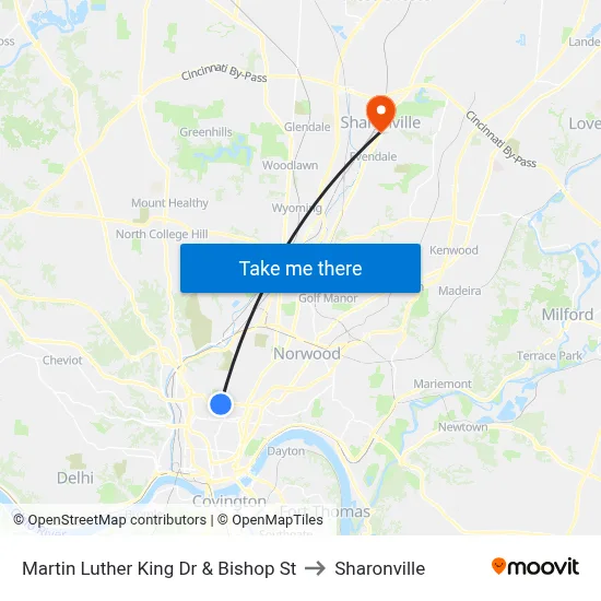 Martin Luther King Dr & Bishop St to Sharonville map