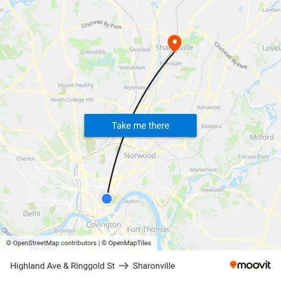 Highland Ave & Ringgold St to Sharonville map
