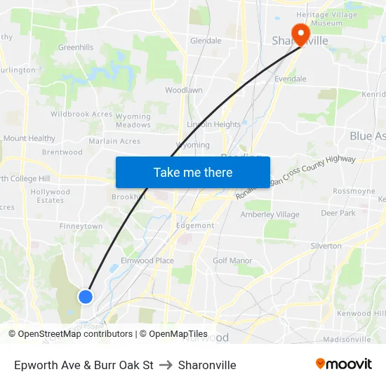Epworth Ave & Burr Oak St to Sharonville map
