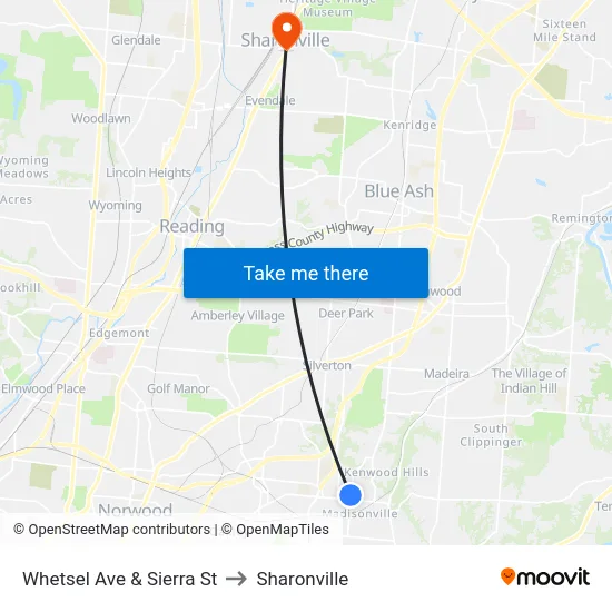 Whetsel Ave & Sierra St to Sharonville map