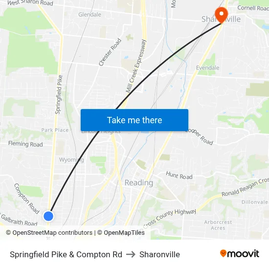 Springfield Pike & Compton Rd to Sharonville map