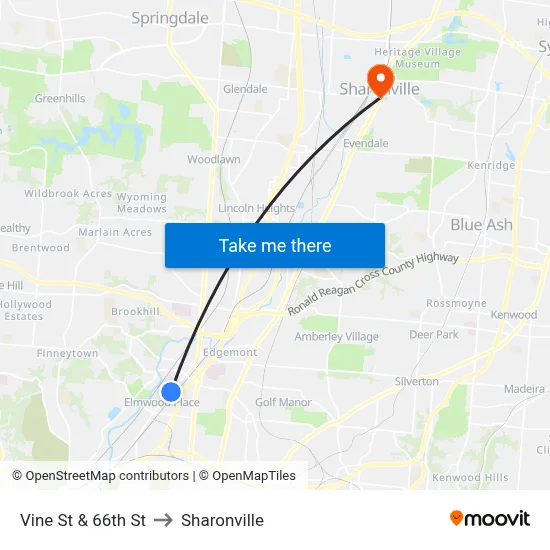 Vine St & 66th St to Sharonville map