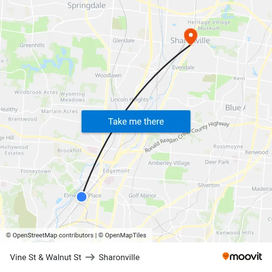 Vine St & Walnut St to Sharonville map