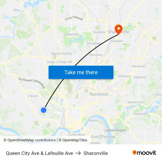 Queen City Ave & Lafeuille Ave to Sharonville map