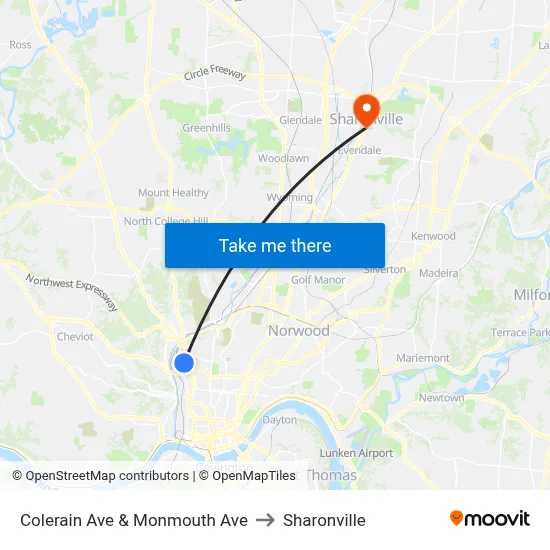 Colerain Ave & Monmouth Ave to Sharonville map