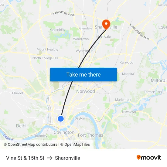 Vine St & 15th St to Sharonville map