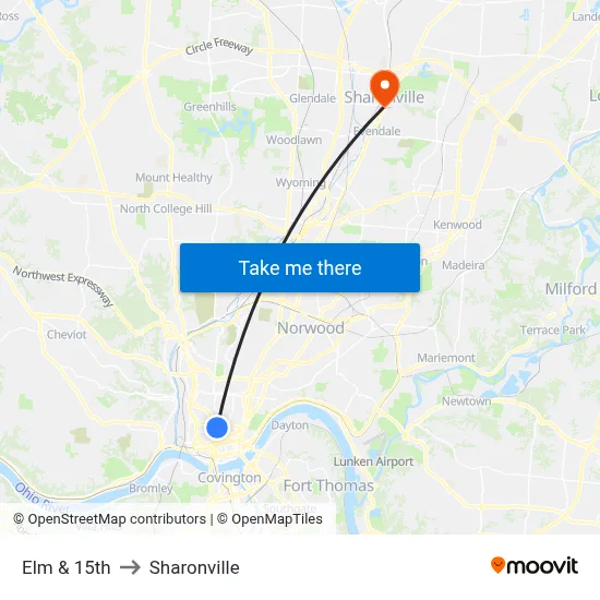 Elm & 15th to Sharonville map