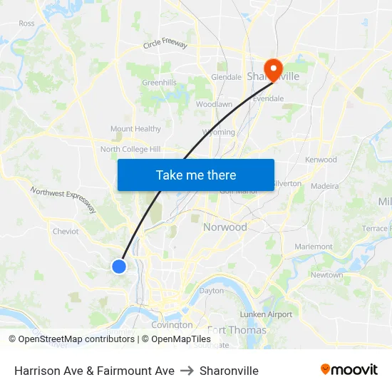 Harrison Ave & Fairmount Ave to Sharonville map