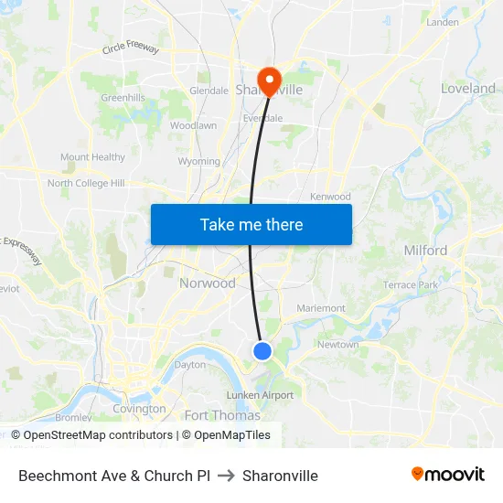 Beechmont Ave & Church Pl to Sharonville map