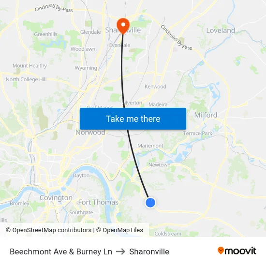 Beechmont Ave & Burney Ln to Sharonville map