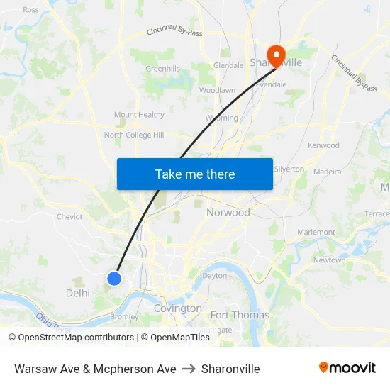 Warsaw Ave & Mcpherson Ave to Sharonville map