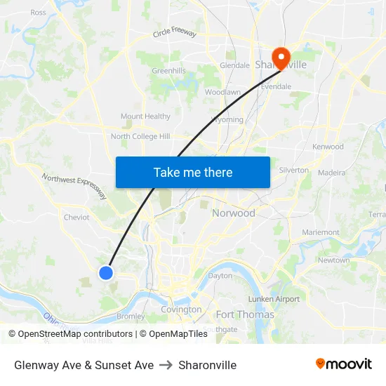 Glenway Ave & Sunset Ave to Sharonville map