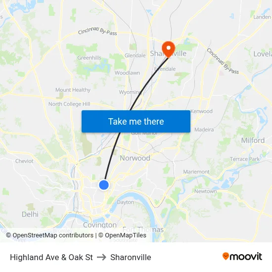Highland Ave & Oak St to Sharonville map