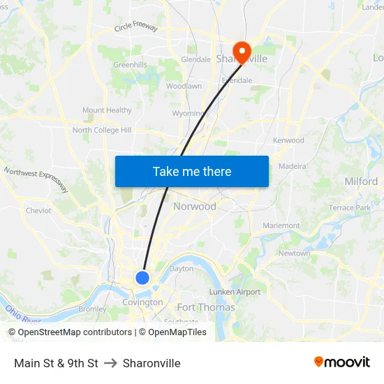 Main St & 9th St to Sharonville map