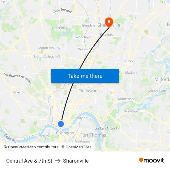 Central Ave & 7th St to Sharonville map