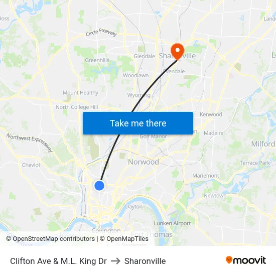 Clifton Ave & M.L. King Dr to Sharonville map