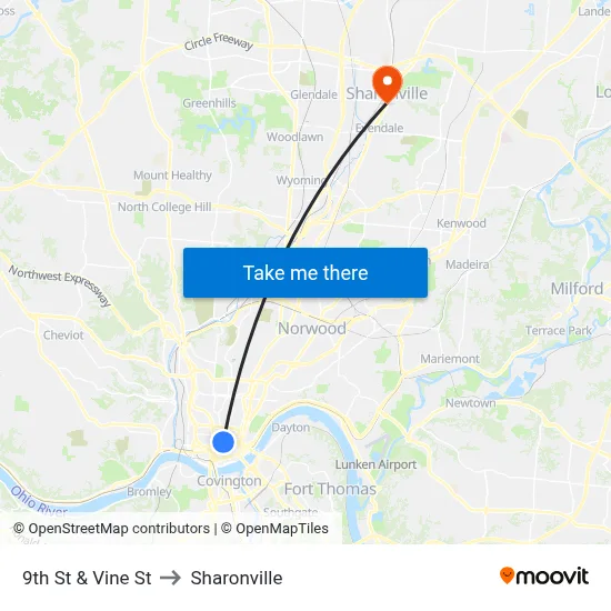 9th St & Vine St to Sharonville map