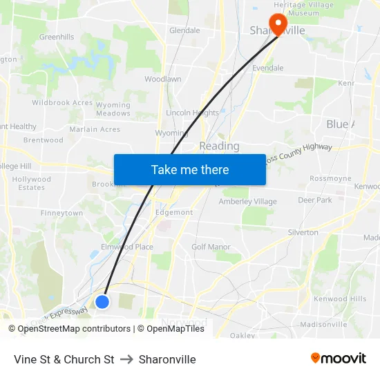 Vine St & Church St to Sharonville map