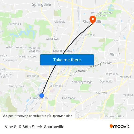 Vine St & 66th St to Sharonville map