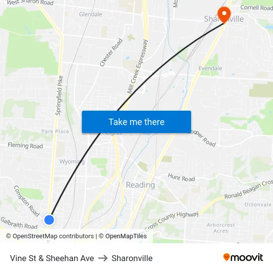 Vine St & Sheehan Ave to Sharonville map