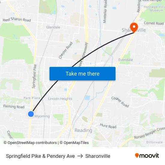 Springfield Pike & Pendery Ave to Sharonville map