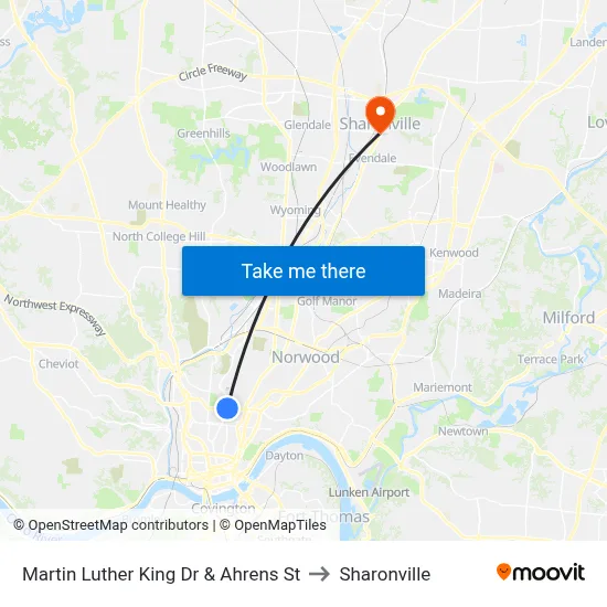 Martin Luther King Dr & Ahrens St to Sharonville map