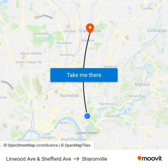 Linwood Ave & Sheffield Ave to Sharonville map