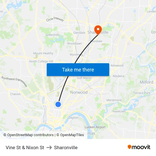 Vine St & Nixon St to Sharonville map