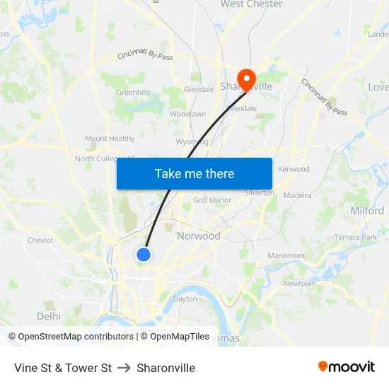 Vine St & Tower St to Sharonville map