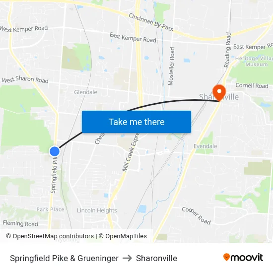 Springfield Pike & Grueninger to Sharonville map