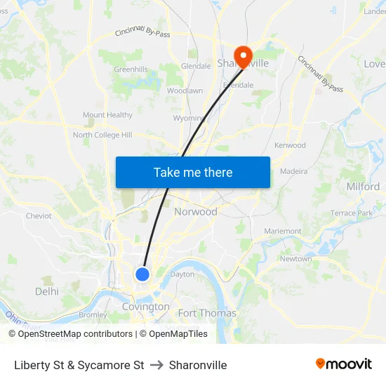 Liberty St & Sycamore St to Sharonville map