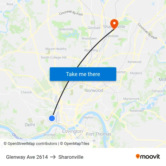 Glenway Ave 2614 to Sharonville map