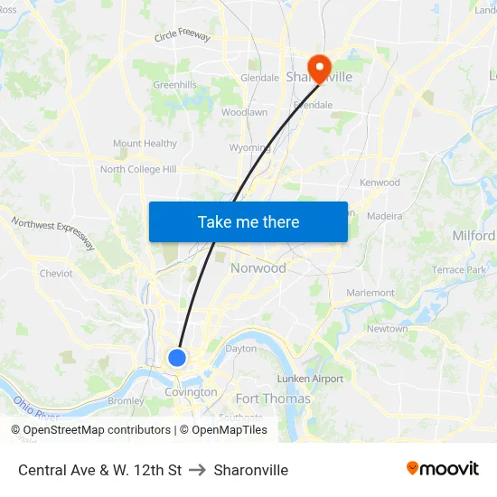 Central Ave & W. 12th St to Sharonville map