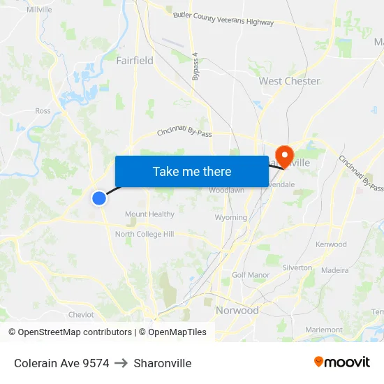 Colerain Ave 9574 to Sharonville map