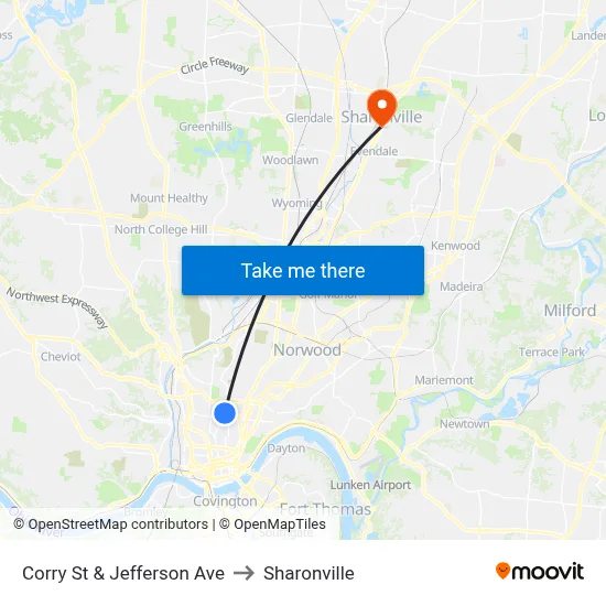 Corry St & Jefferson Ave to Sharonville map
