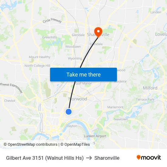 Gilbert Ave 3151 (Walnut Hills Hs) to Sharonville map