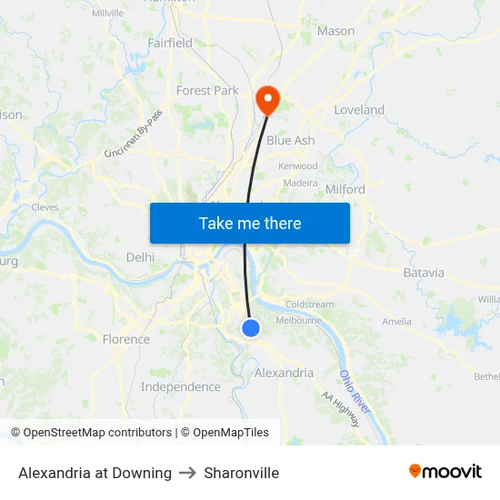 Alexandria at Downing to Sharonville map