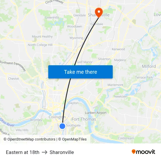 Eastern at 18th to Sharonville map