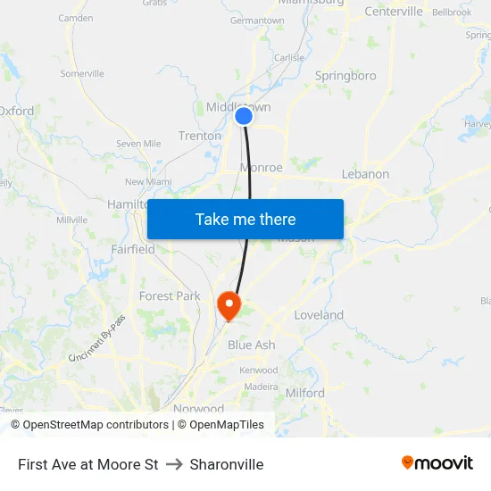 First Ave at Moore St to Sharonville map